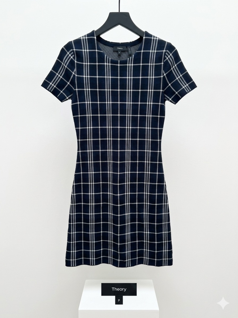 Theory Navy and White Plaid Short-Sleeve Mini Dress